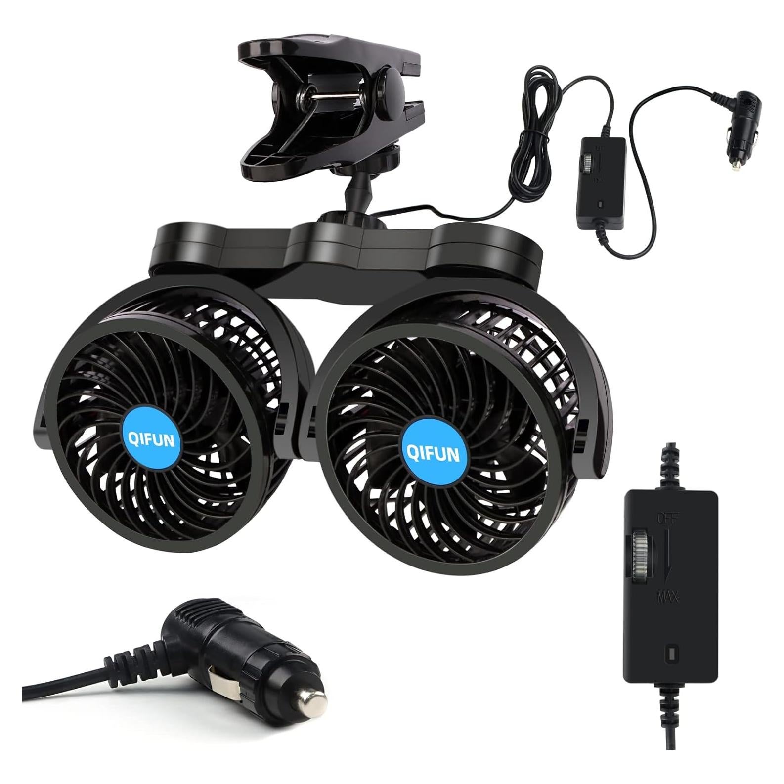 Ventilador de Coche QIFUN Doble Cabeza 12V Ajustable 360°