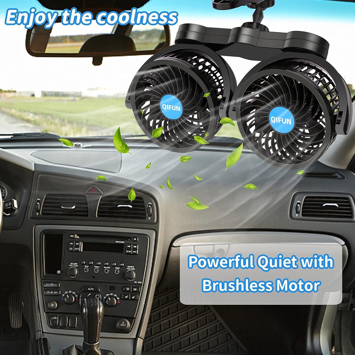 Ventilador de Coche QIFUN Doble Cabeza 12V Ajustable 360°