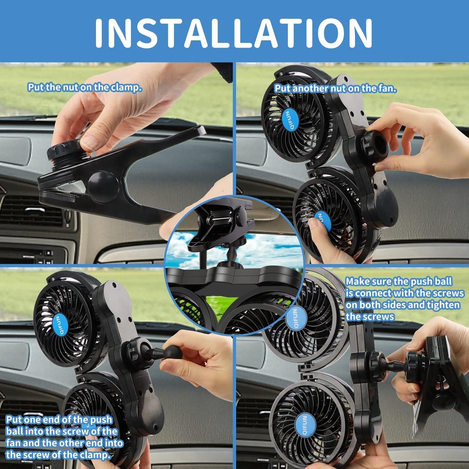 Ventilador de Coche QIFUN Doble Cabeza 12V Ajustable 360°