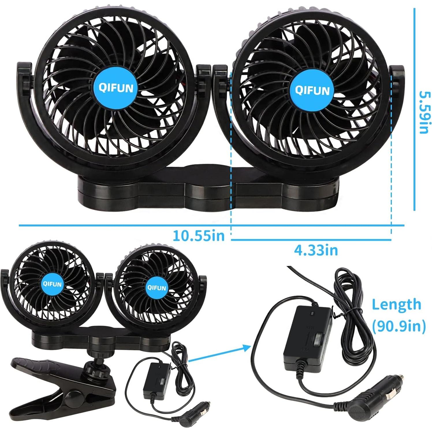 Ventilador de Coche QIFUN Doble Cabeza 12V Ajustable 360°