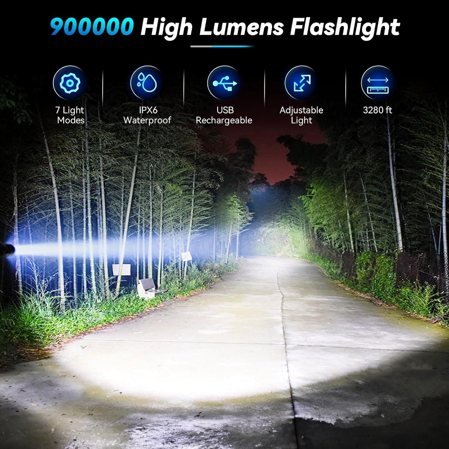 Rechargeable Flashlight, 2 Pack 900000 High Lumens Super Bright Flash Light, 7 Modes with COB Work Light, IPX6 Waterproof, Powerful Handheld LED Flashlights for Camping, Hiking