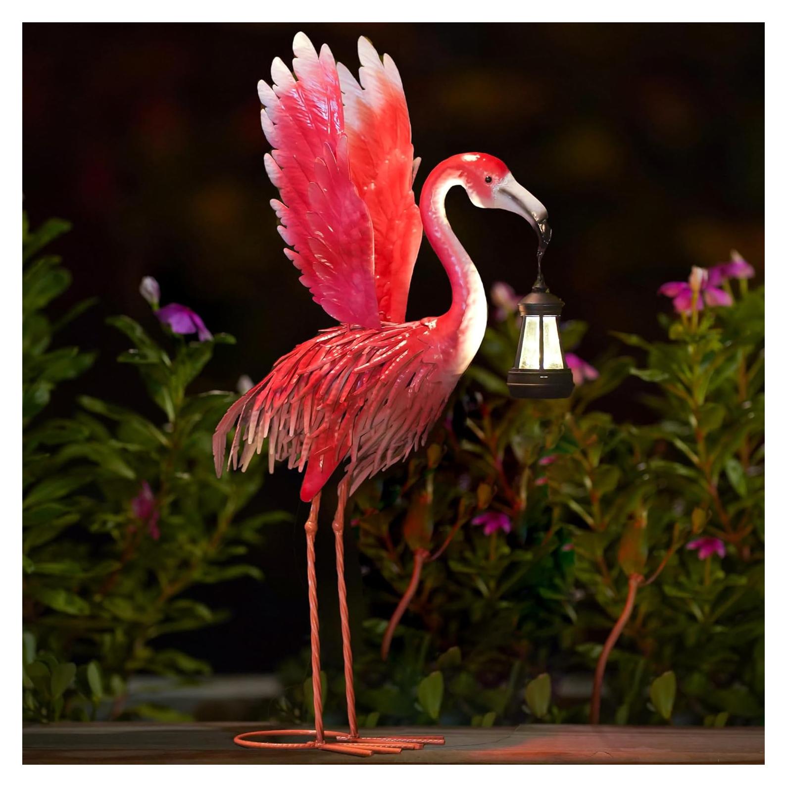 Estatua de Flamenco Rosa de Metal con Linterna Solar Goodeco