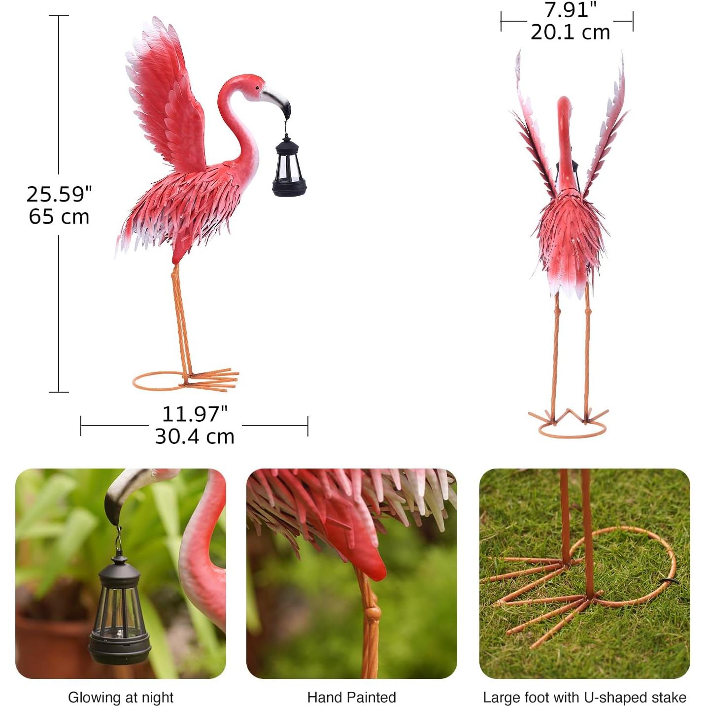 Estatua de Flamenco Rosa de Metal con Linterna Solar Goodeco