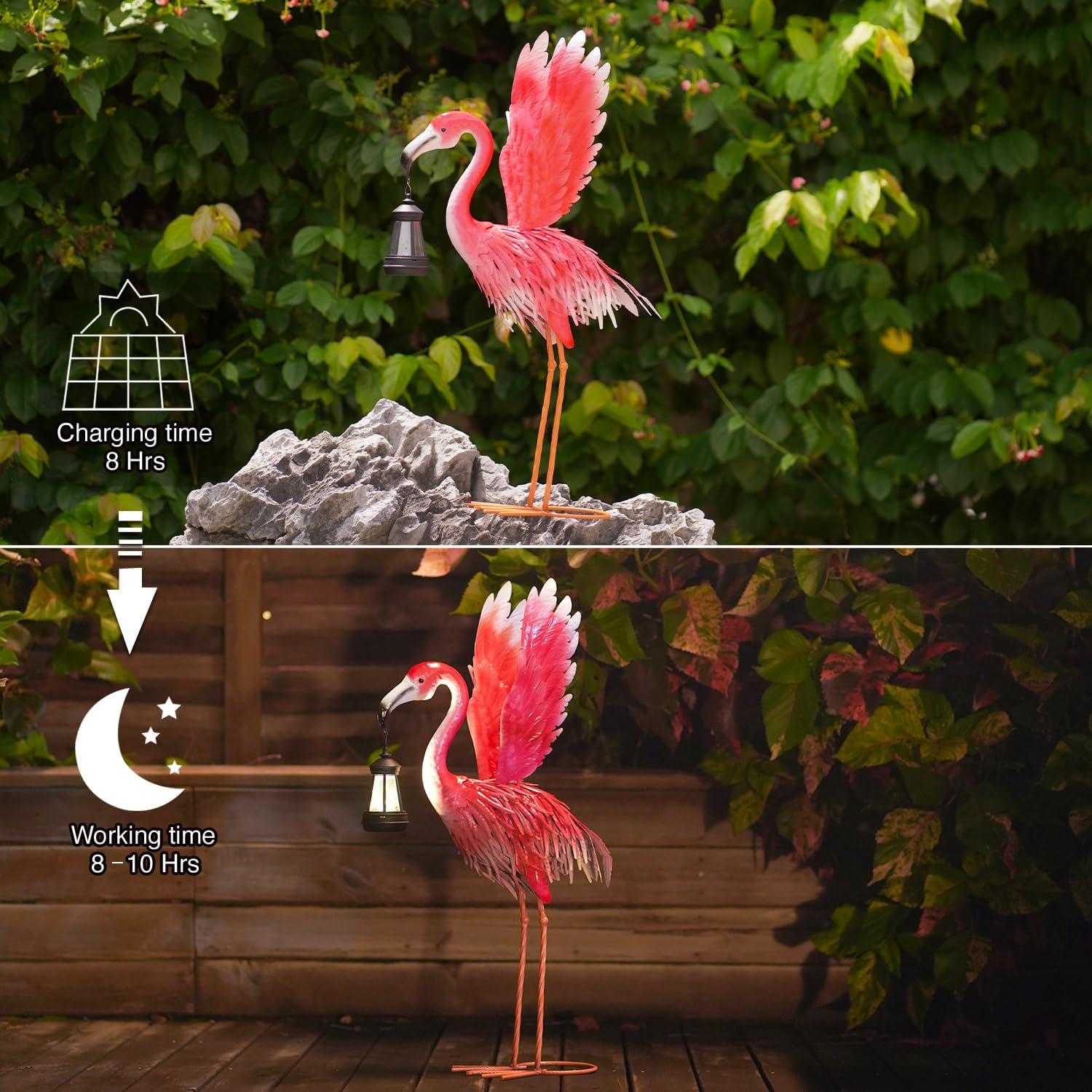 Estatua de Flamenco Rosa de Metal con Linterna Solar Goodeco