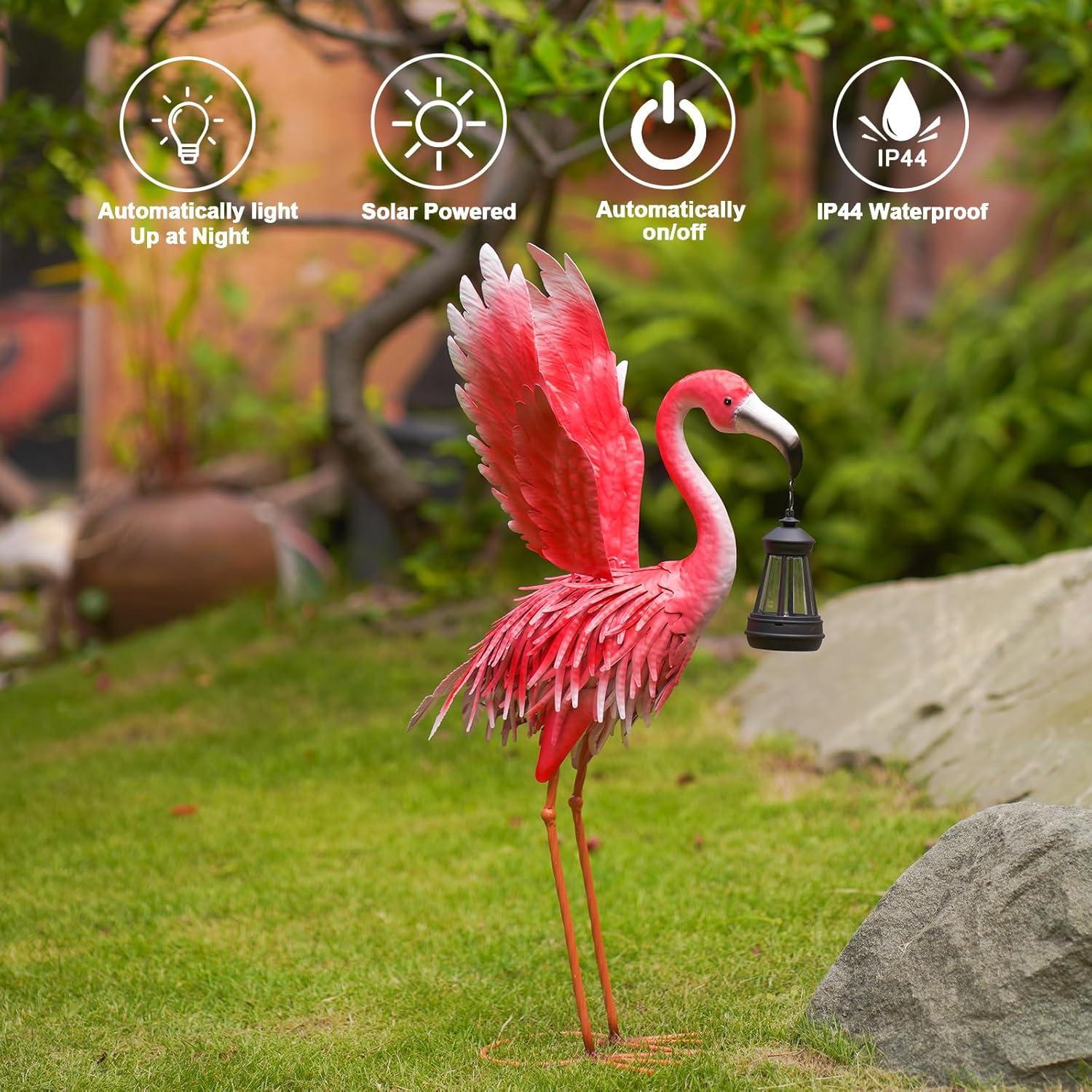 Estatua de Flamenco Rosa de Metal con Linterna Solar Goodeco