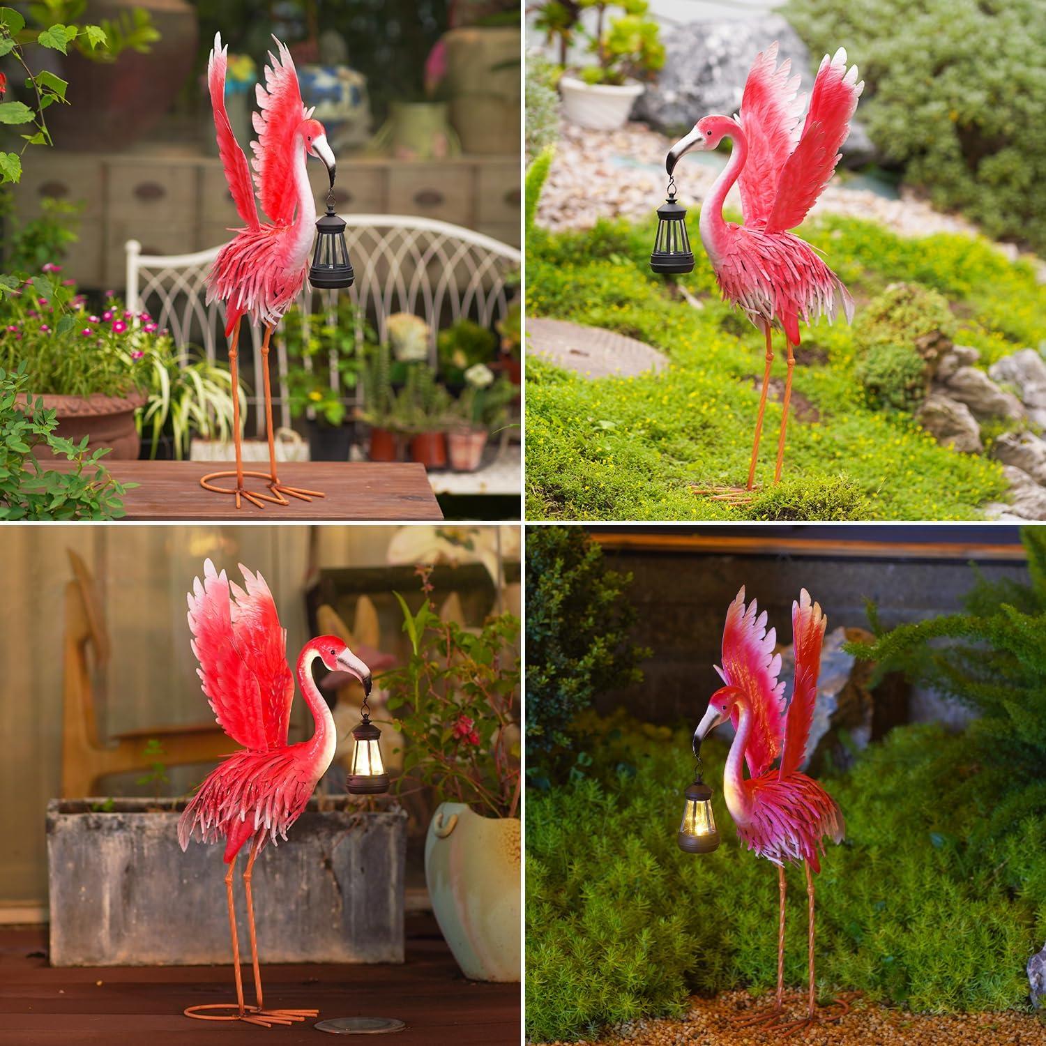 Estatua de Flamenco Rosa de Metal con Linterna Solar Goodeco