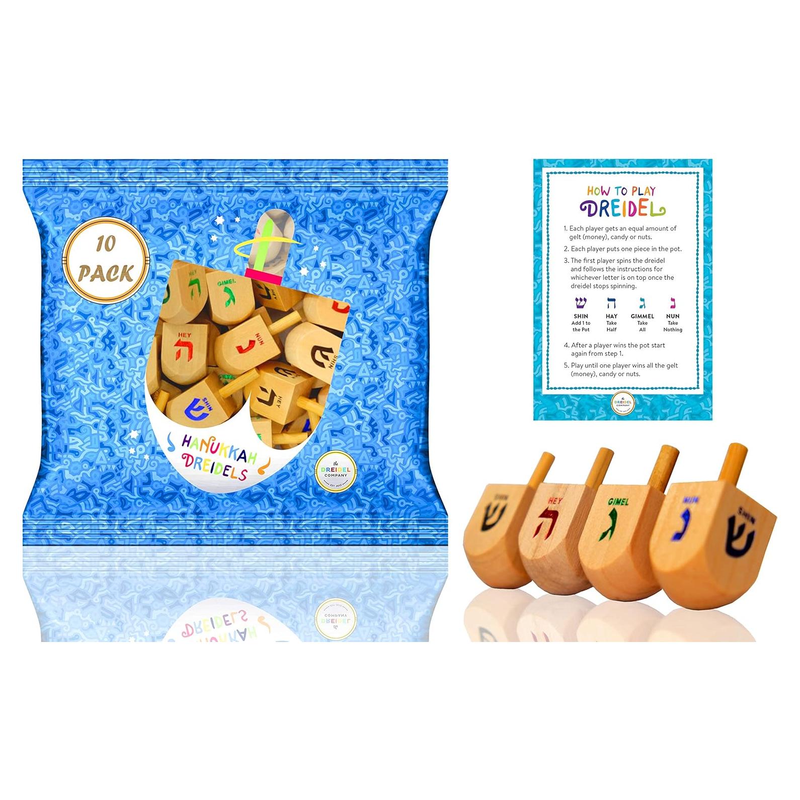 Trompos de Madera Natural Hanukkah Dreidels - Paquete de 10