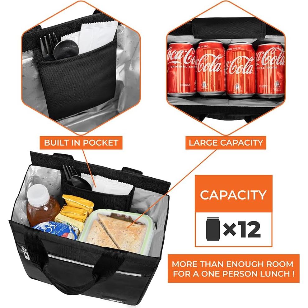 Bolsa de Almuerzo Aislada OPUX Negra 25.4x17.8 cm Reutilizable