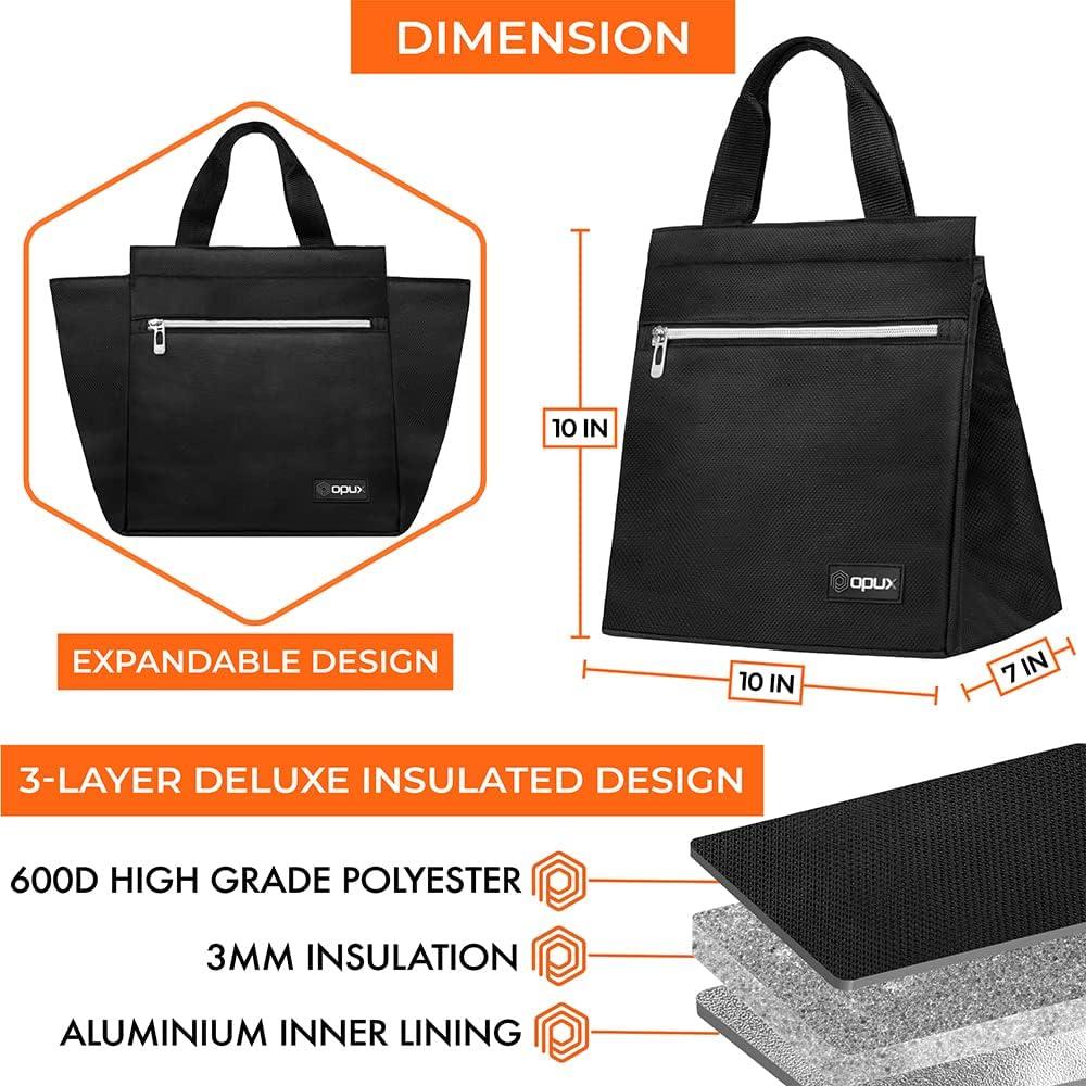Bolsa de Almuerzo Aislada OPUX Negra 25.4x17.8 cm Reutilizable