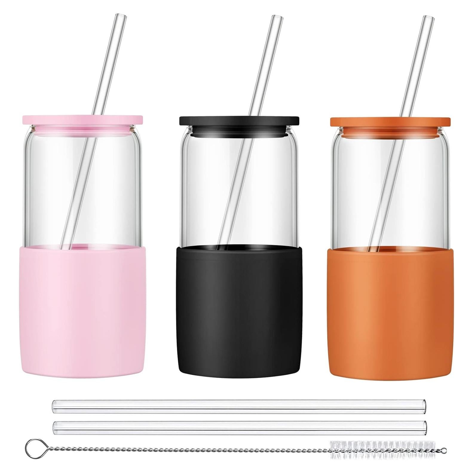 Vasos de vidrio Sunseeke con tapa y popote 473ml - Paquete de 3