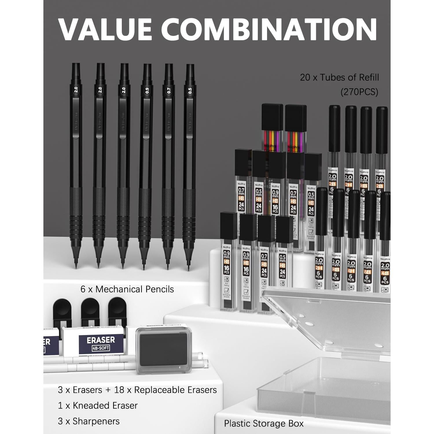 Conjunto de Lápices Mecánicos Nicpro 35PCS Metal Negro 0.5-2.0mm