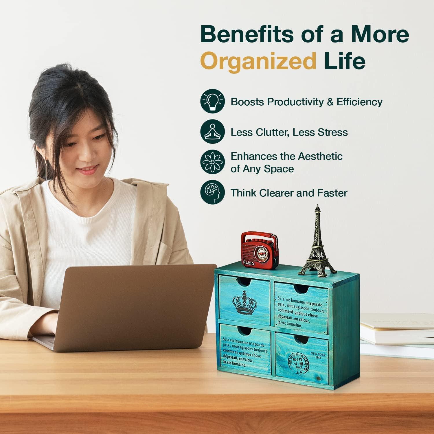 Organizador de Escritorio Woodaholic Teal 4 Cajones Madera