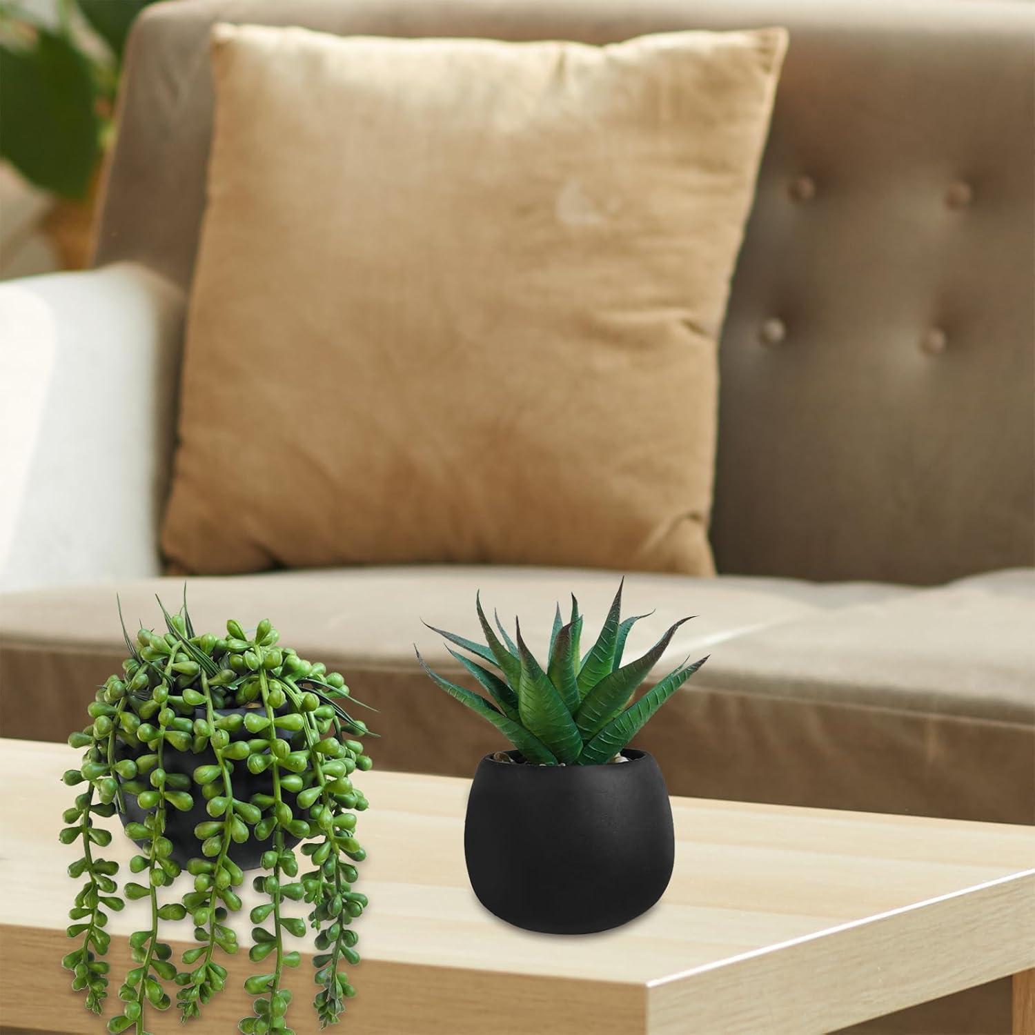 Winlyn Juego de 3 Plantas Suculentas Artificiales en Macetas Negras