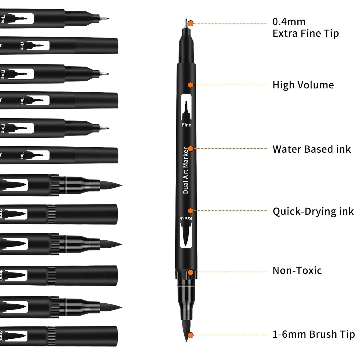 Marcadores de Dibujo Negros GPLMQ, Paquete de 12 Puntas Dobles