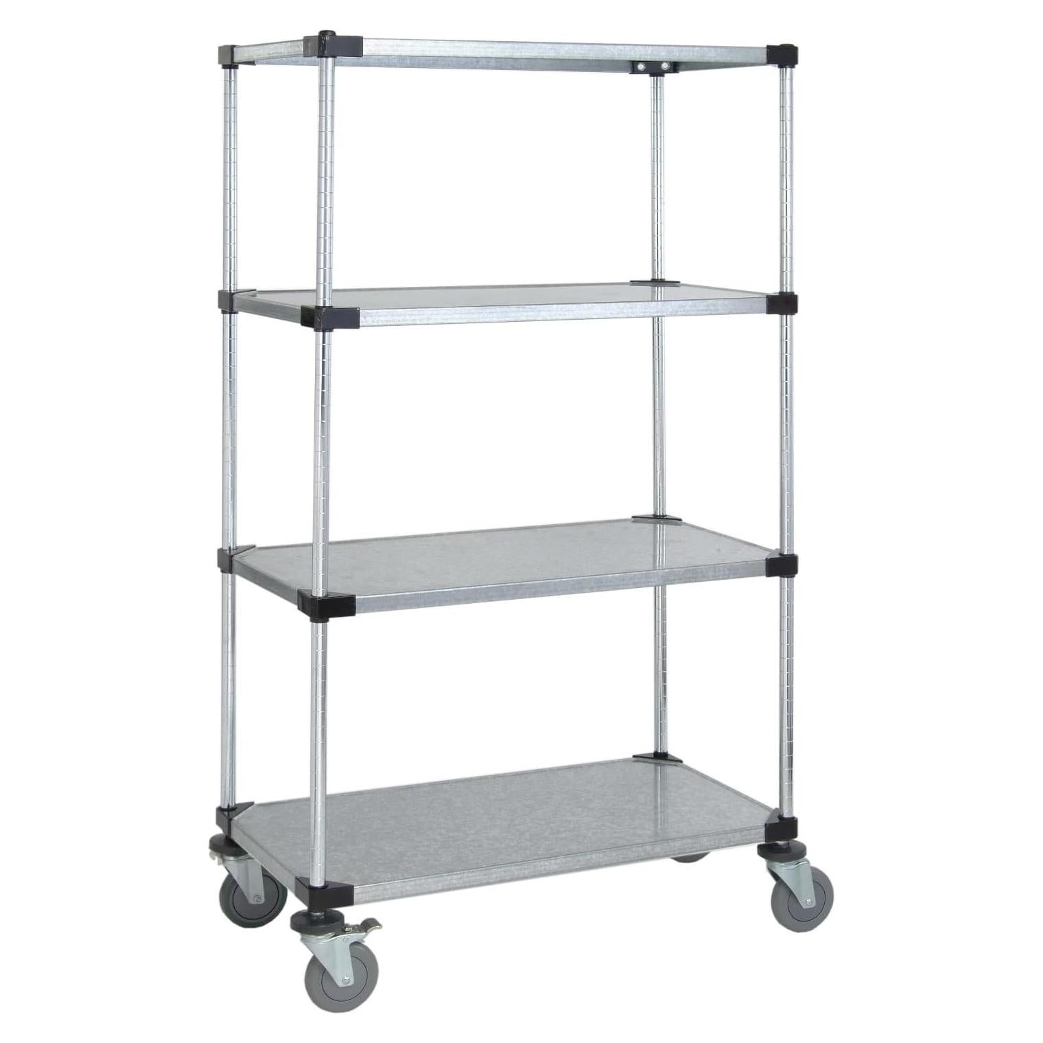Quantum Storage Systems M2460SG46 4-Tier Wire Shelving Mobile Cart with 5" Stem Casters, 4 Solid Shelves, Chrome Finish, 69" Height x 60" Width x 24" Depth