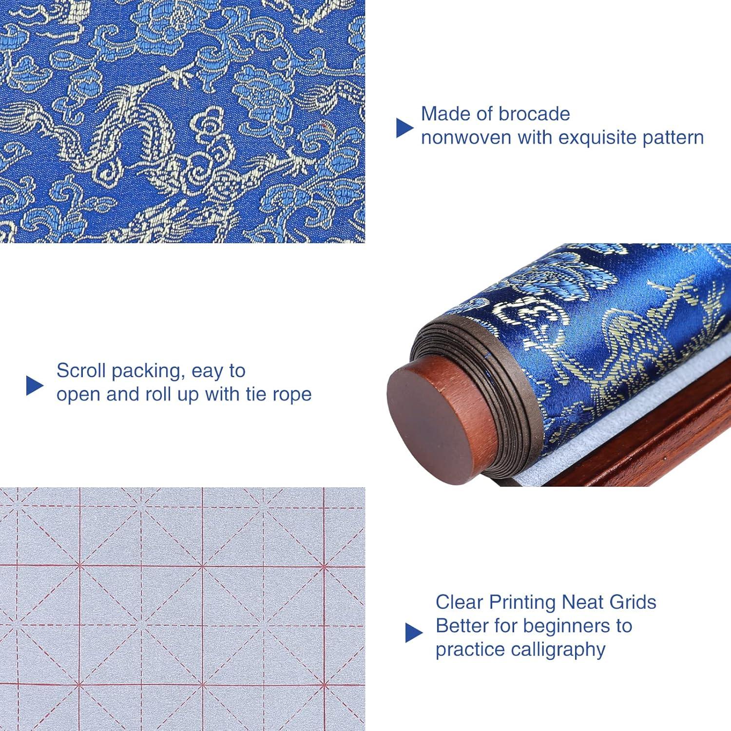 MEGREZ 4 Set No Ink Chinese Calligraphy Practice Set, Water Writing Cloth Calligraphy Comes with Magic Cloth, Brush Pen, Water Dish, Copy for Beginners, Blue