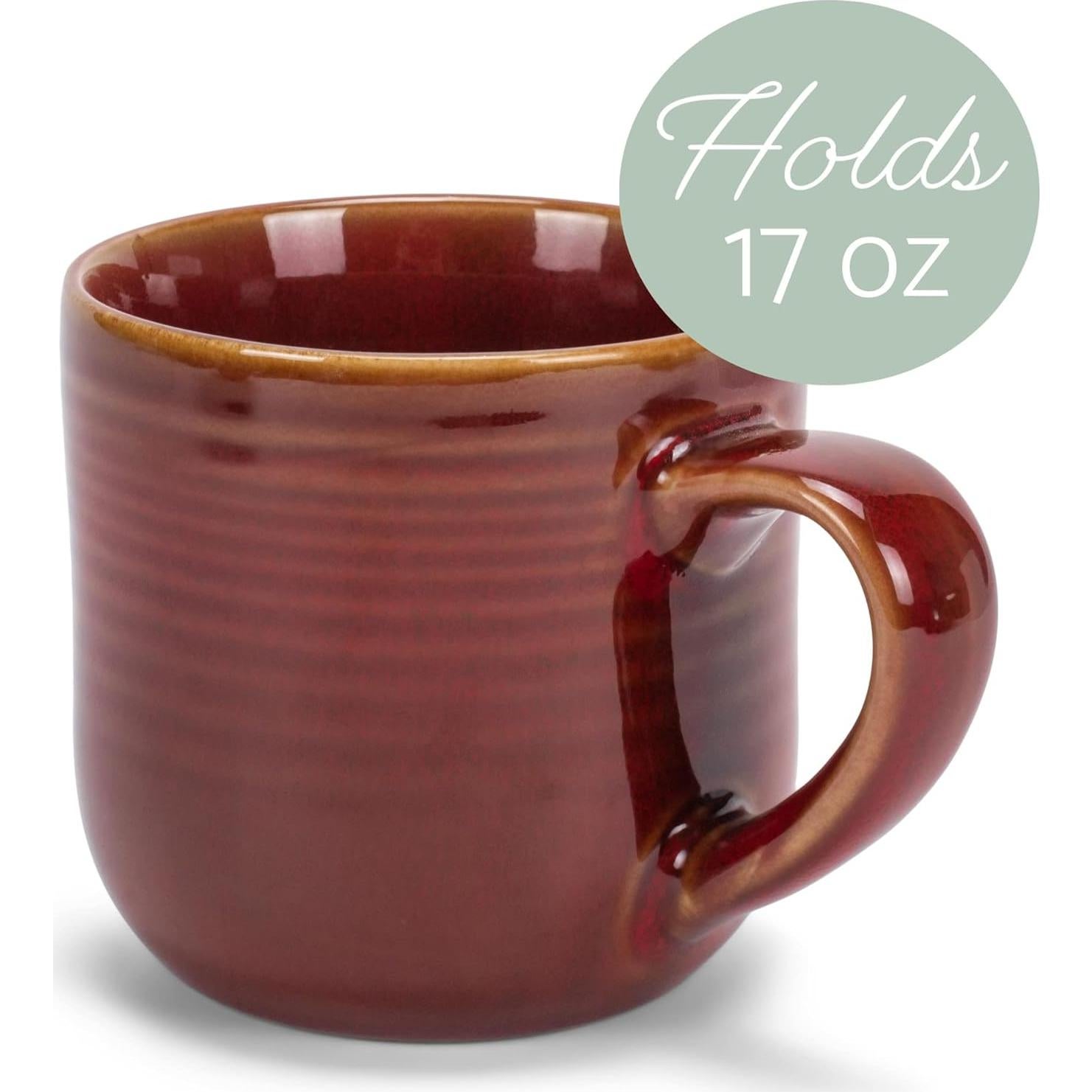 Elanze Designs Glossy Reactive Glaze Large 17 Fluid Ounce Everyday Kitchen Food Grade Ceramic Stoneware Coffee Mug Cup with Comfort Curved Handles, Set of 4, Burnt Auburn Red
