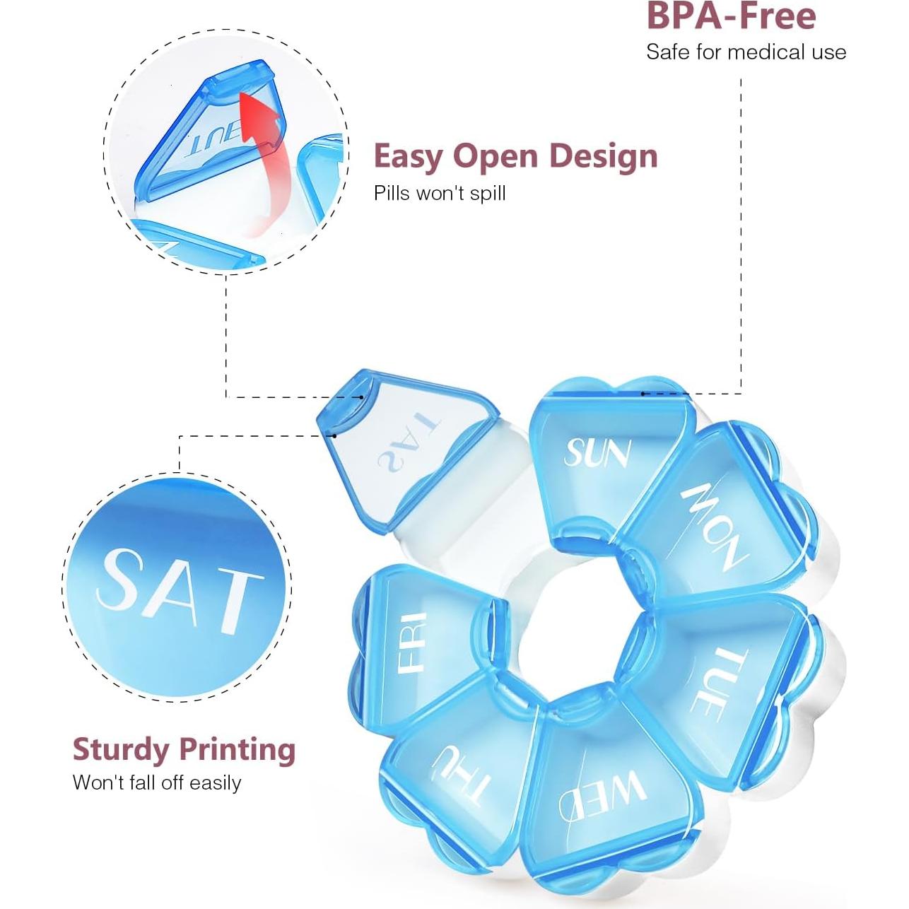 Organizador de Pastillas Semanal FHORAIN Azul - 7 Días, BPA Free