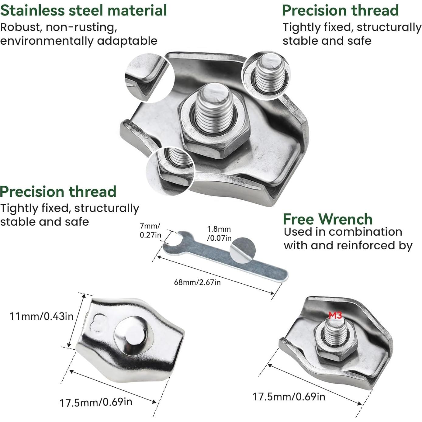 20 Clips de Cable M3 Bazeiona Acero Inoxidable 1.5-3mm