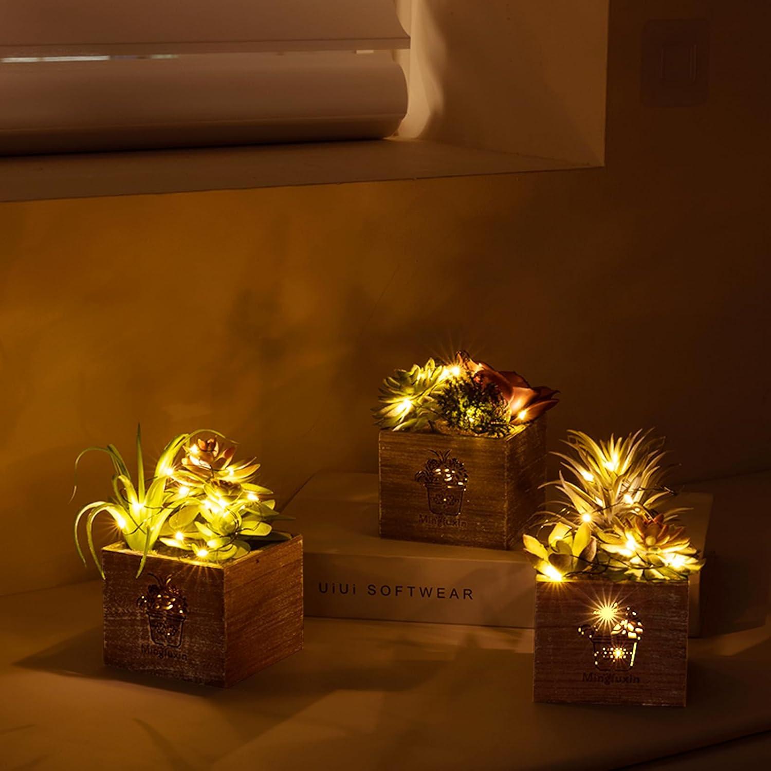 Plantas Suculentas Artificiales con Luces LED Mingfuxin - 3 Unidades