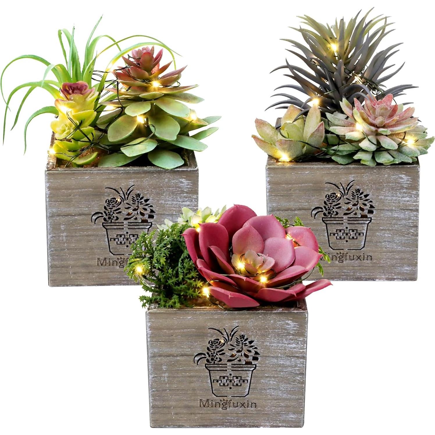 Plantas Suculentas Artificiales con Luces LED Mingfuxin - 3 Unidades
