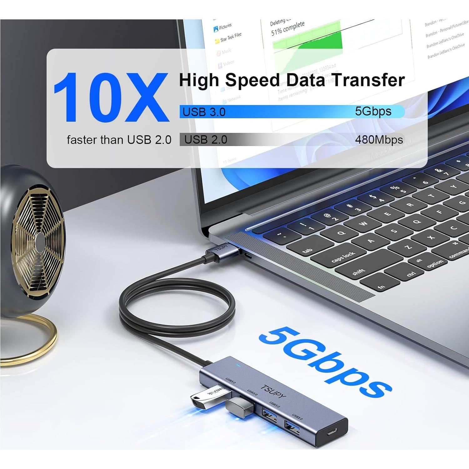 HUB USB 3.0 TSUPY 5 Puertos Aluminio 1.2m Ultra Delgado