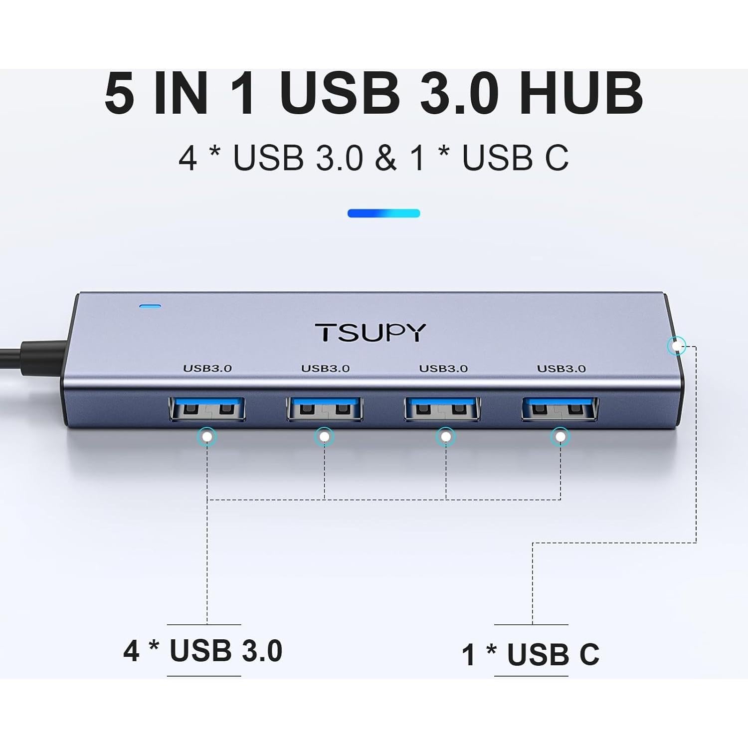 HUB USB 3.0 TSUPY 5 Puertos Aluminio 1.2m Ultra Delgado