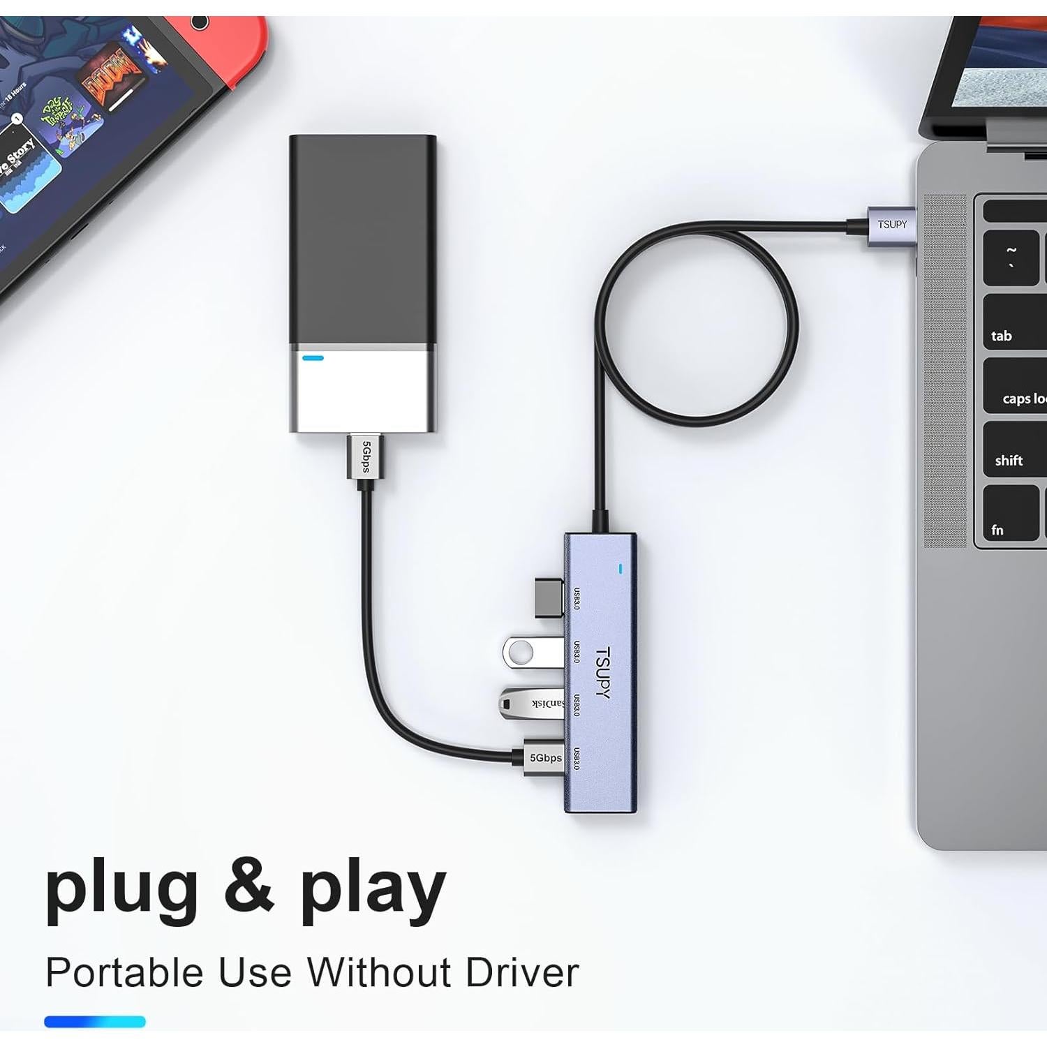 HUB USB 3.0 TSUPY 5 Puertos Aluminio 1.2m Ultra Delgado