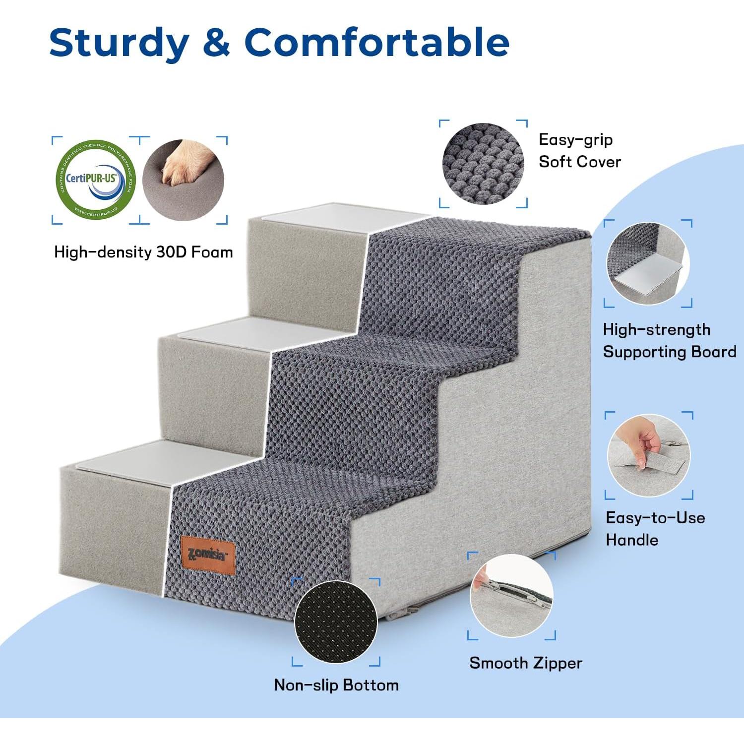 Dog Steps for Couch - Extra Wide Pet Stairs for Small Dogs and Cats, Dog Steps with Non-Slip Bottom Grey 3 Steps, Grey