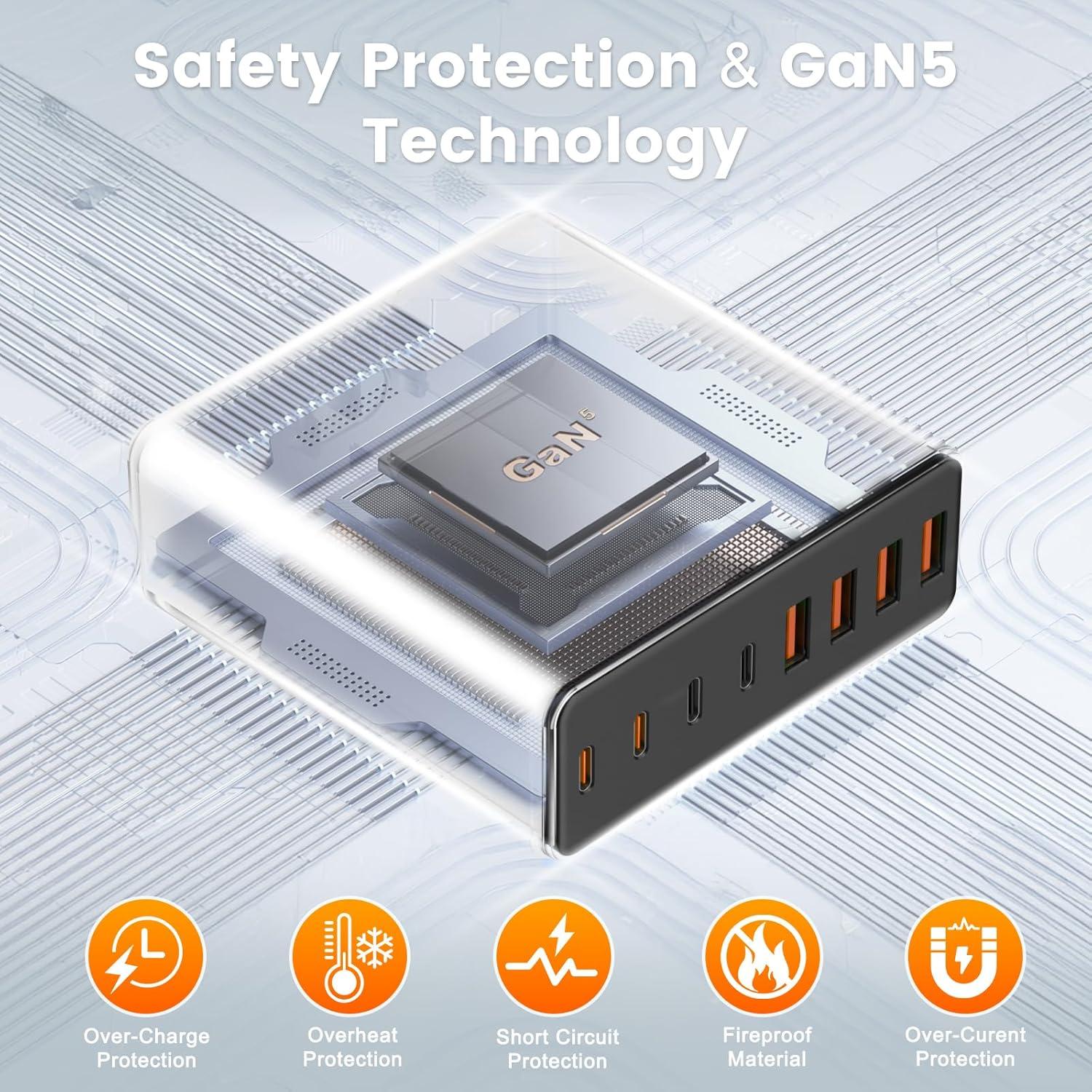 Cargador USB C 320W 8 Puertos Rápido PD 65W para MacBook