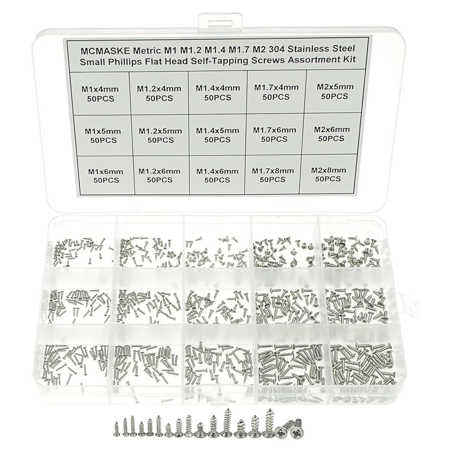 Kit de Tornillos Autorroscantes M1 M1.2 M1.4 M1.7 M2 Acero Inox 750PCS