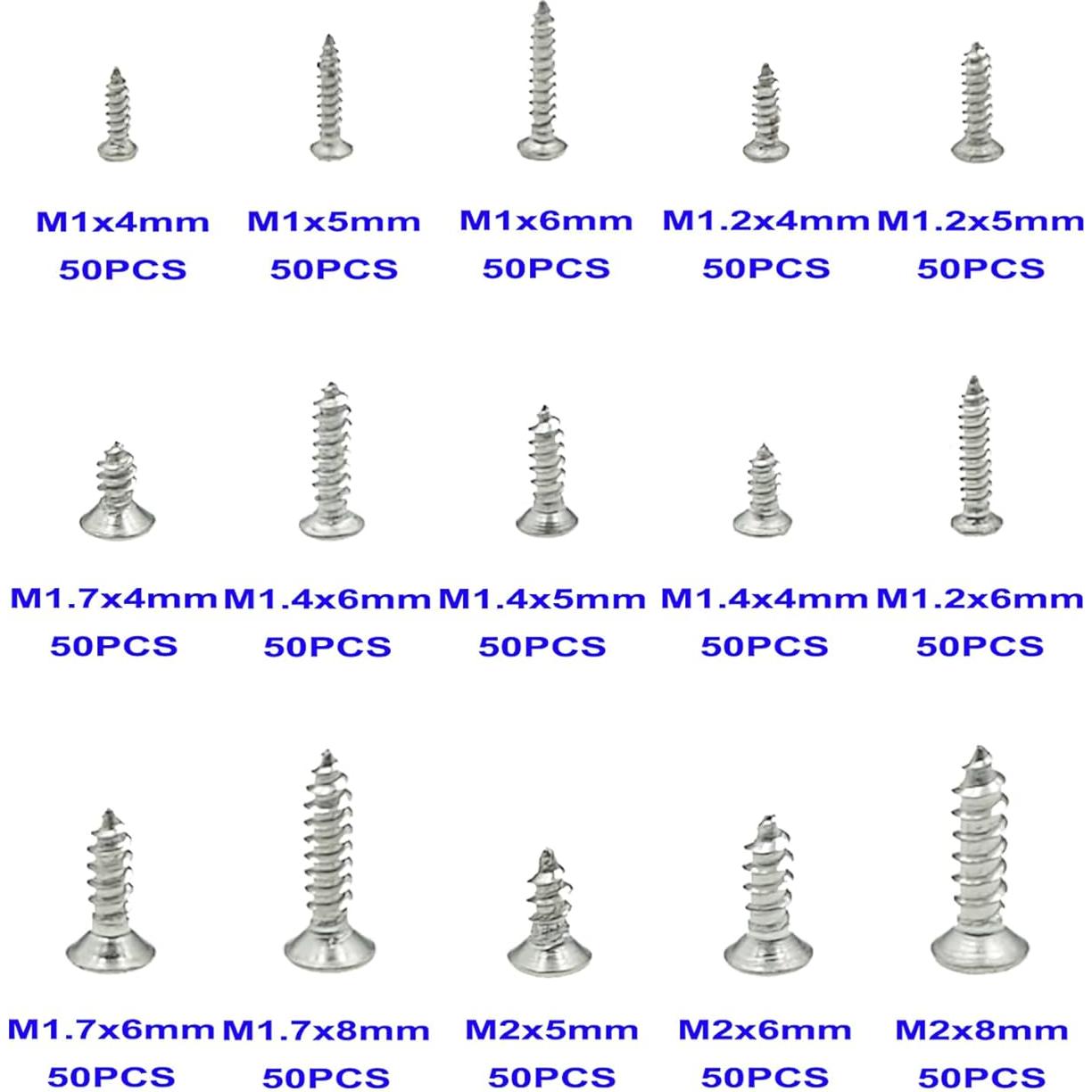 Kit de Tornillos Autorroscantes M1 M1.2 M1.4 M1.7 M2 Acero Inox 750PCS