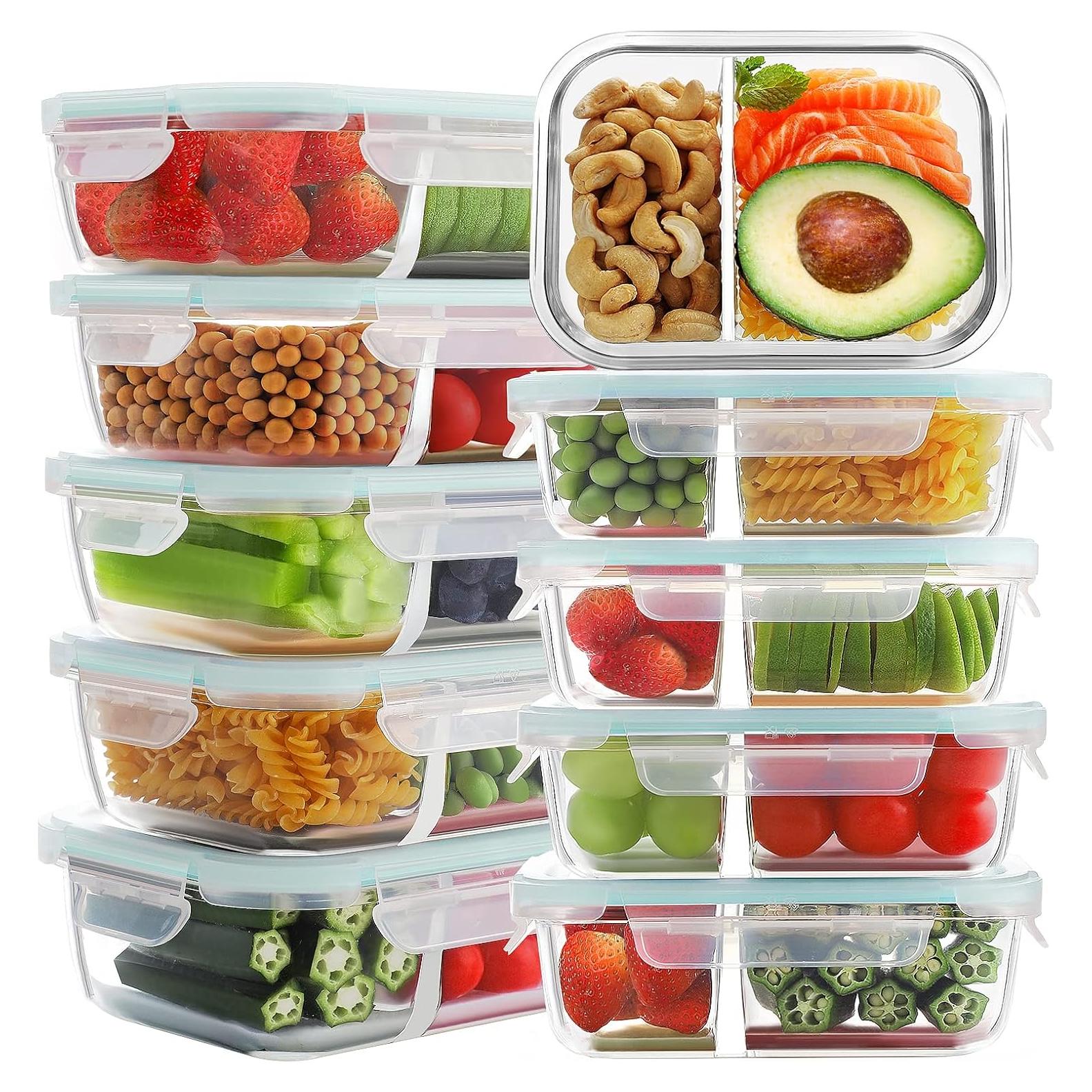 Bayco 10 Contenedores de Vidrio para Comidas 630ml 2 Compartimentos