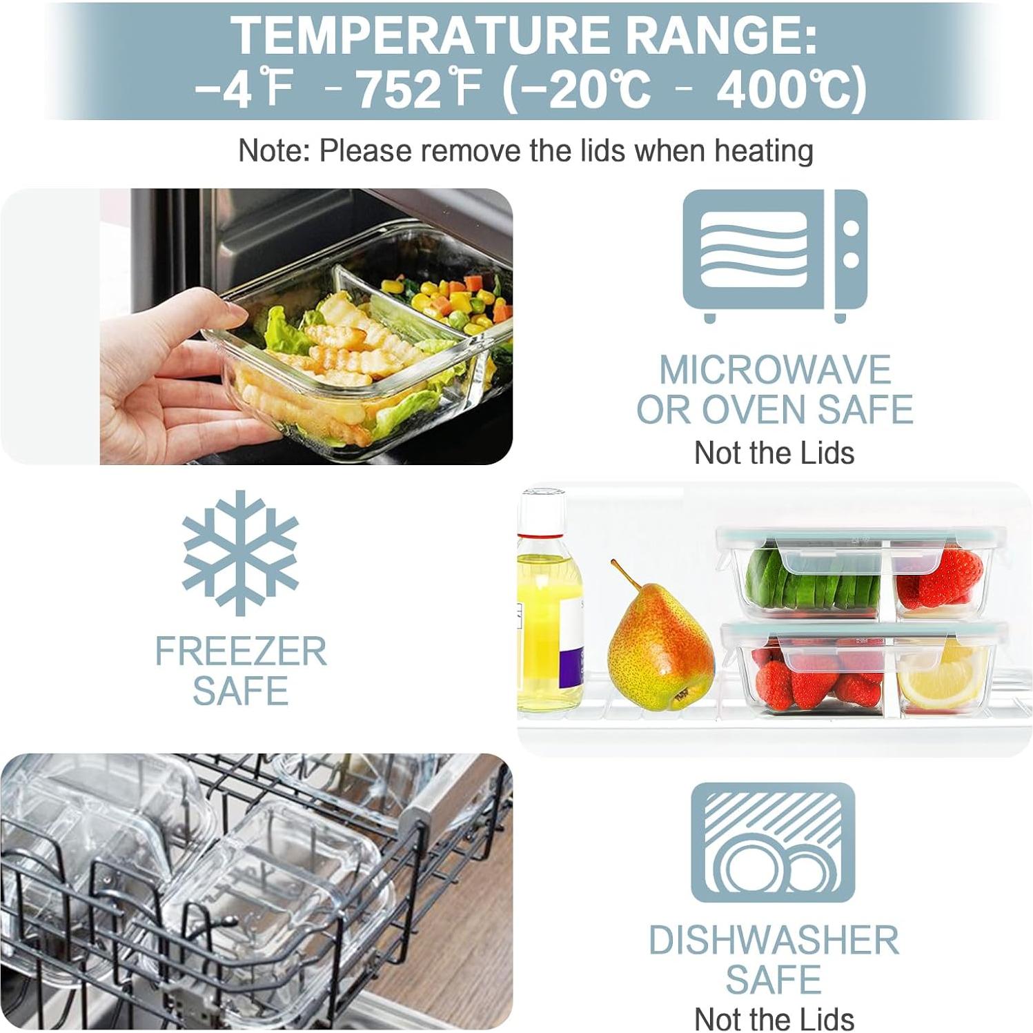 Bayco 10 Contenedores de Vidrio para Comidas 630ml 2 Compartimentos