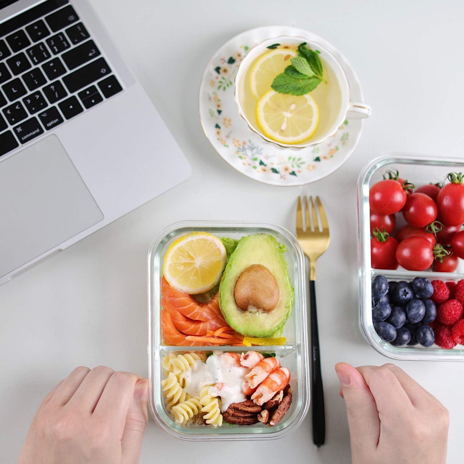 Bayco 10 Contenedores de Vidrio para Comidas 630ml 2 Compartimentos