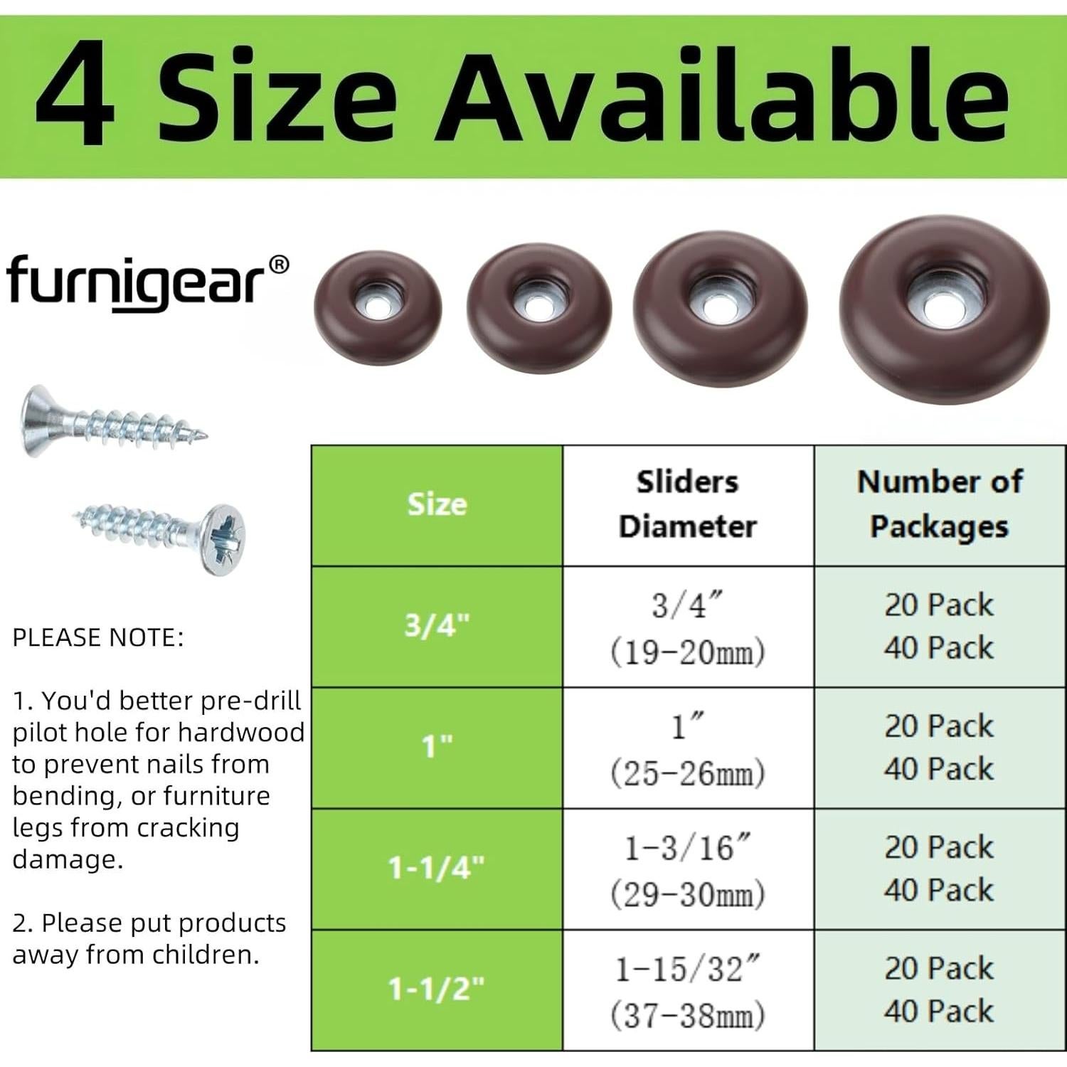 Deslizadores de Muebles Furnigear 38mm PTFE Marrón 20 Paquete