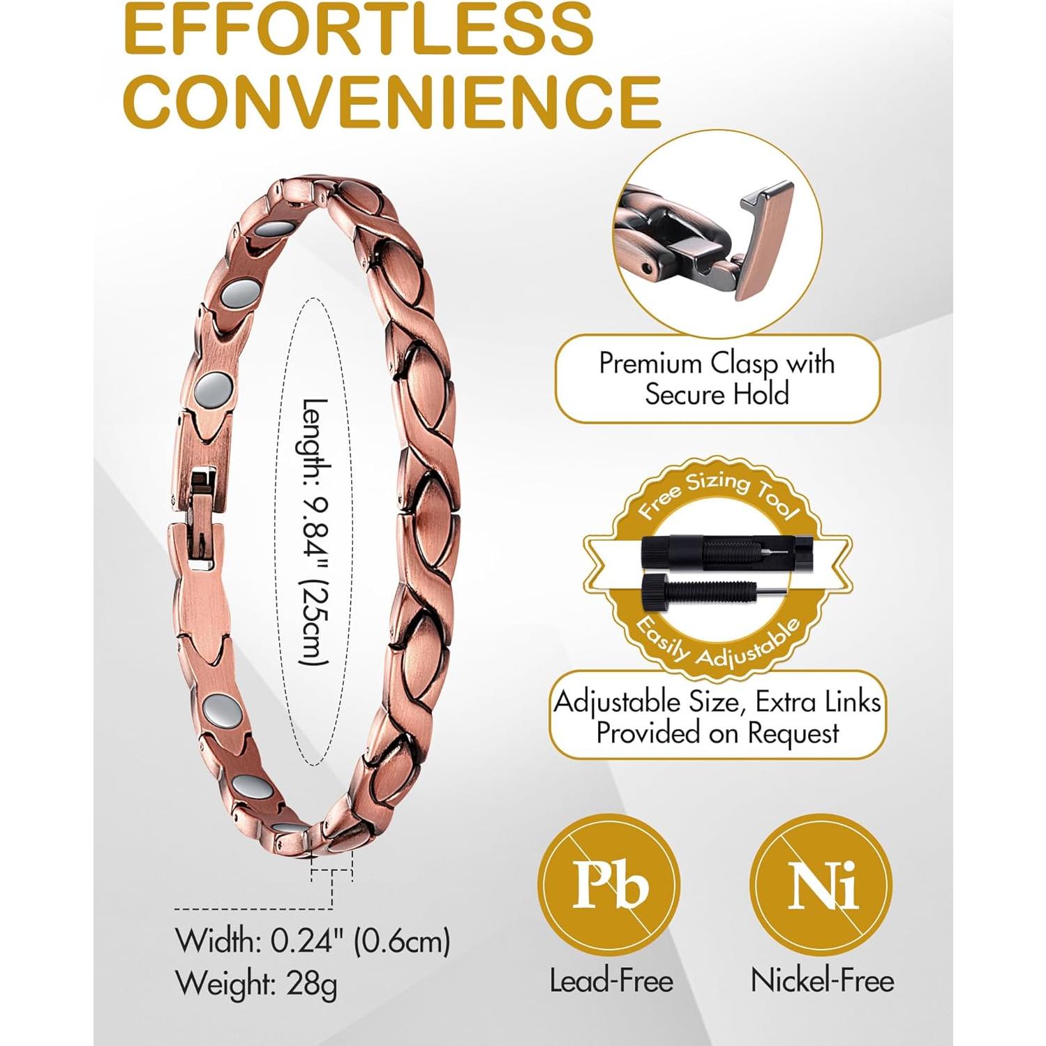 Tobillera Magnética de Cobre Puro Feraco Oro Rosa 25cm