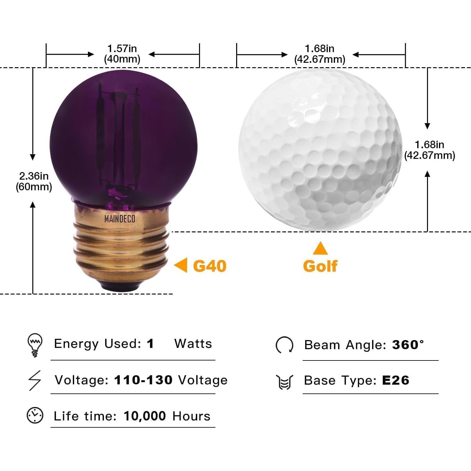 Bombilla LED Mini Globo 1W E26 Violeta 40mm Paquete de 6