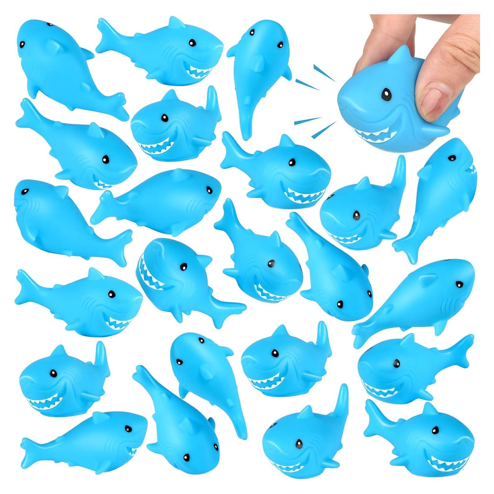30 Pieces Rubber Sharks Blue Rubber Bath Sharks Cute Squeezable and Squeak Shark Small Bathtub Swimming Toys for Birthday Shower Bathtub Pool Party Favors