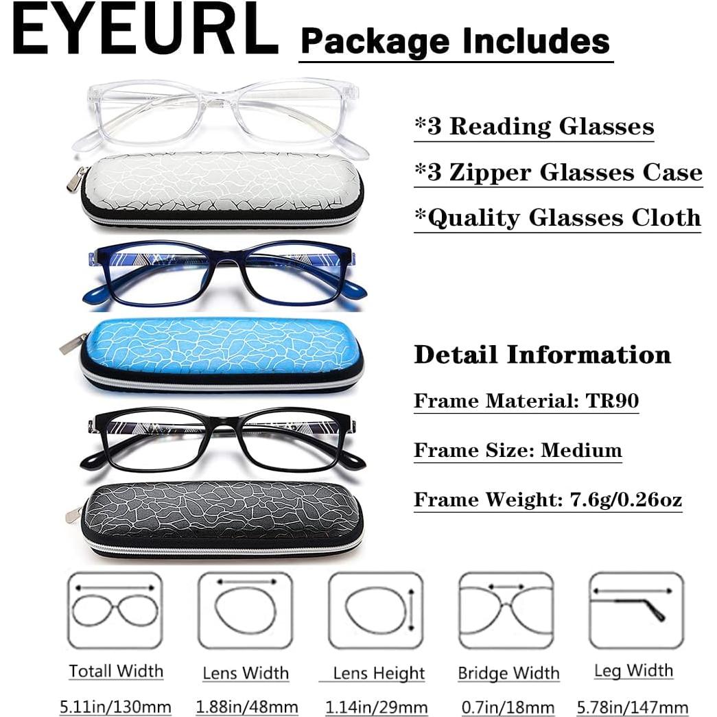 Gafas de lectura EYEURL unisex - Bloqueo luz azul - Paquete 3
