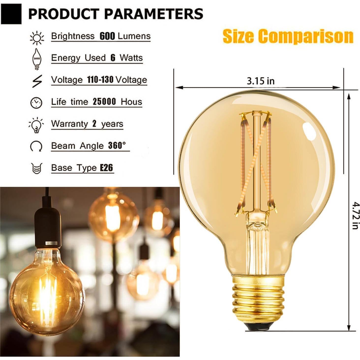 Bombilla LED Dimmable LEOOLS G25 E26 6W 600LM Ámbar 4Pack