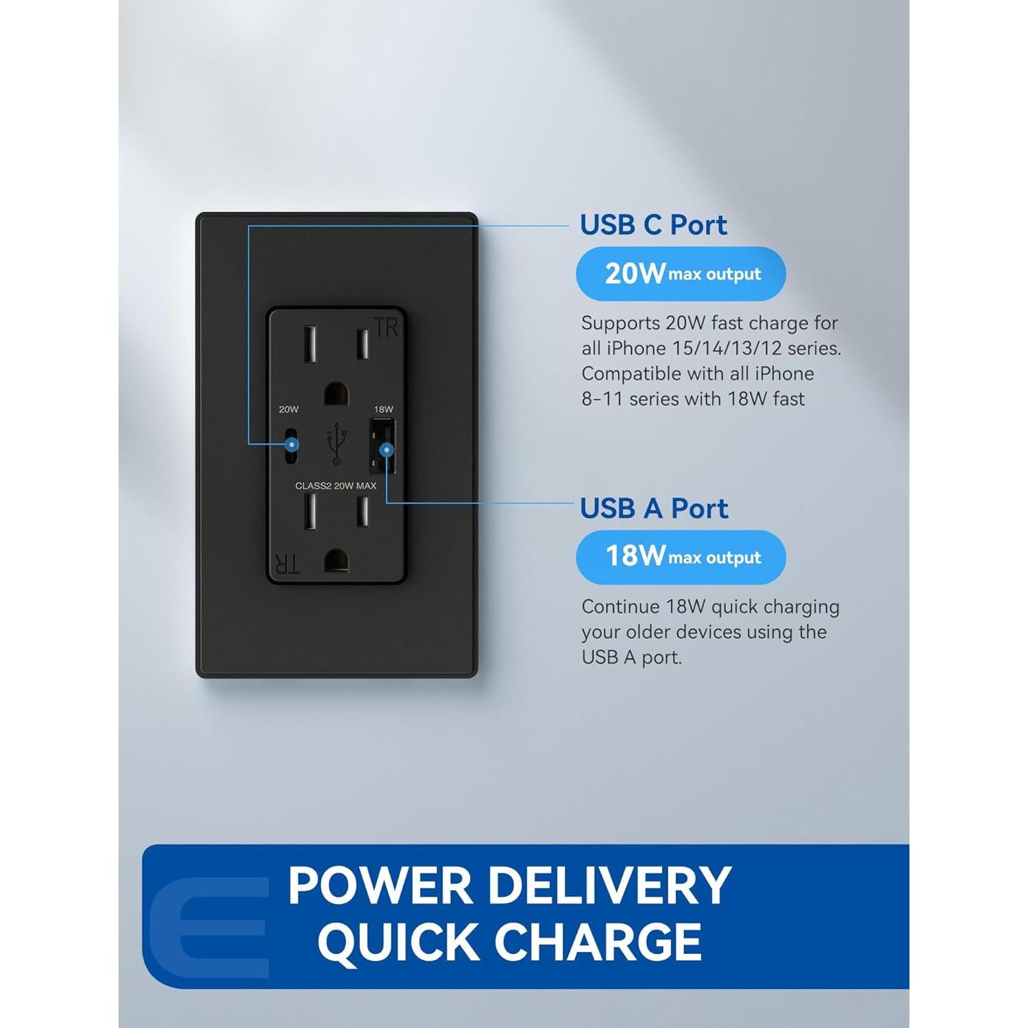 Toma de Corriente USB ELEGRP 20W Carga Rápida 15A Negro Mate