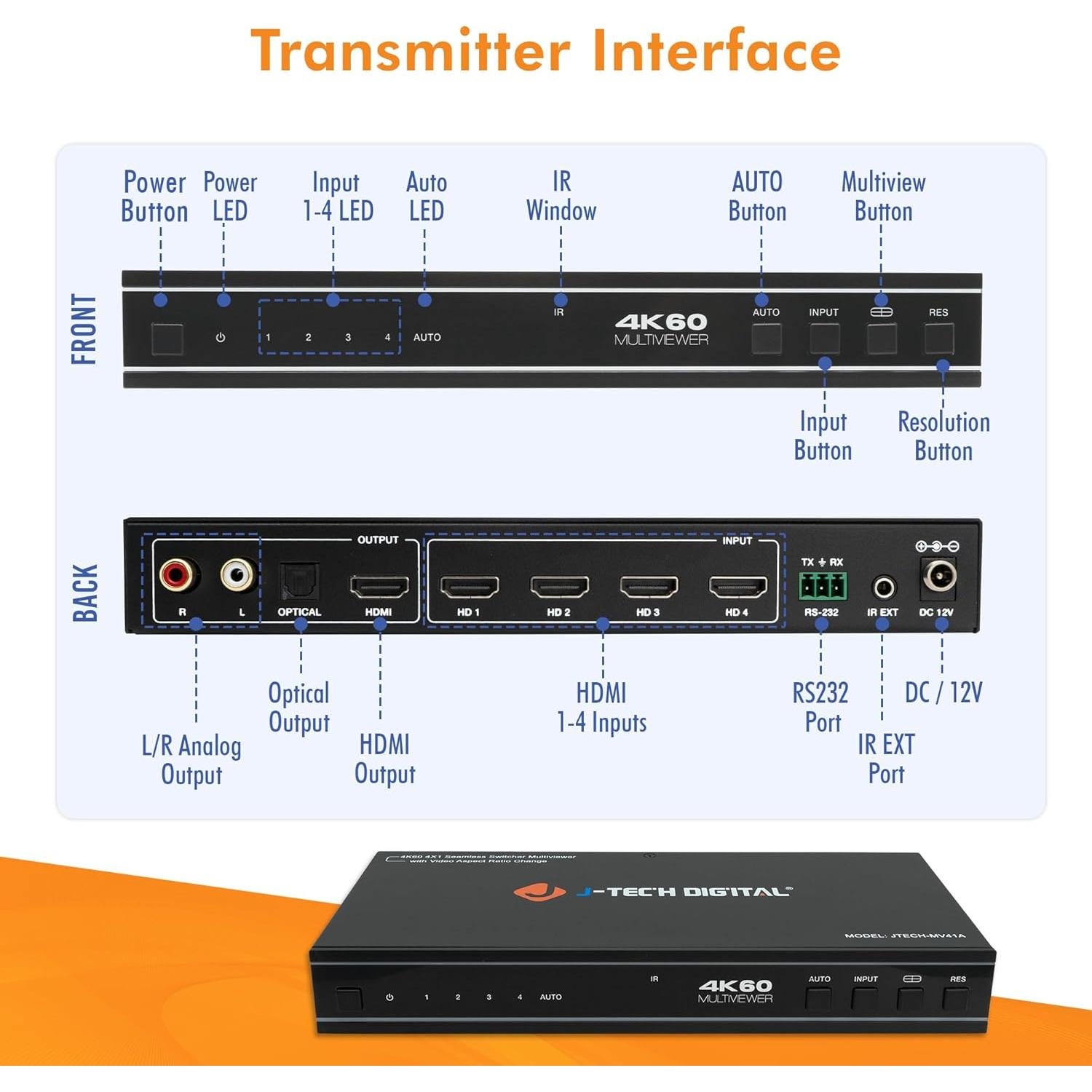 Conmutador HDMI 4x1 J-Tech Digital JTECH-MV41A 4K 60Hz