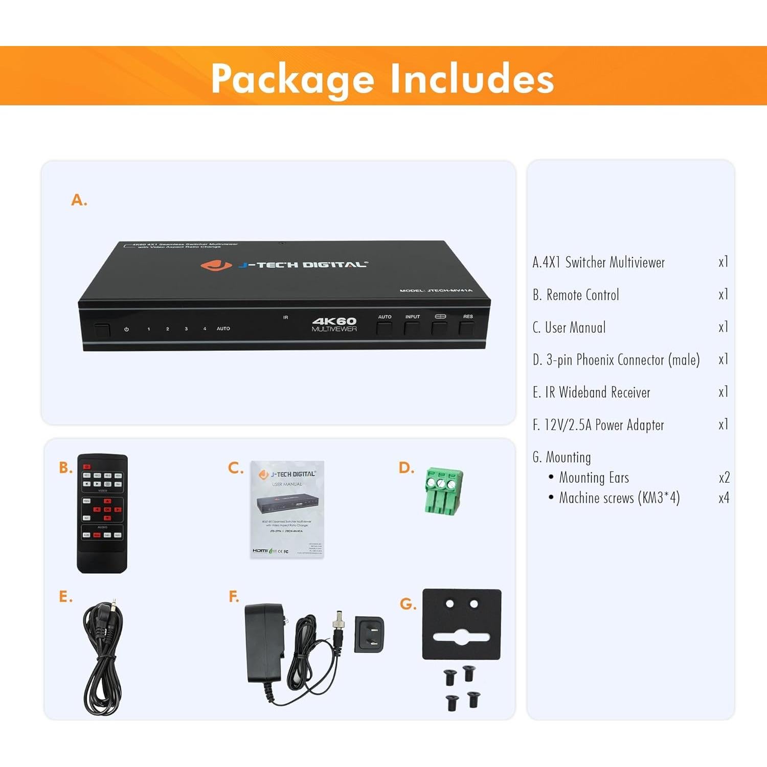 Conmutador HDMI 4x1 J-Tech Digital JTECH-MV41A 4K 60Hz