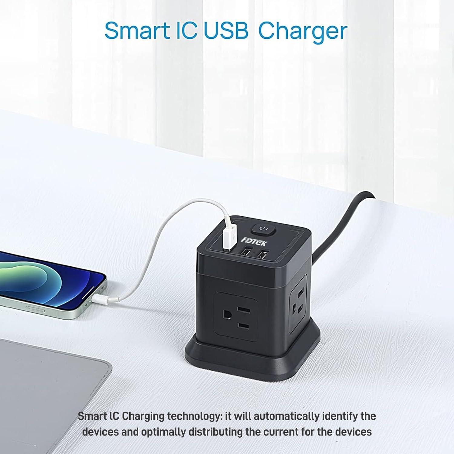 Regleta de Alimentación FDTEK 5FT con 4 Salidas AC y 3 USB - Negro