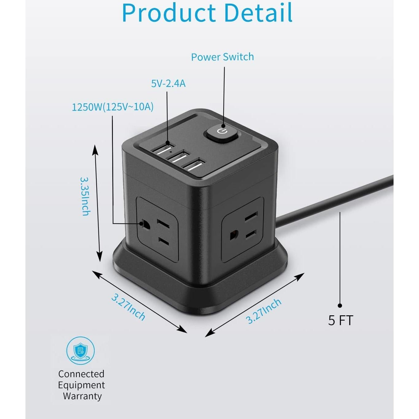 Regleta de Alimentación FDTEK 5FT con 4 Salidas AC y 3 USB - Negro