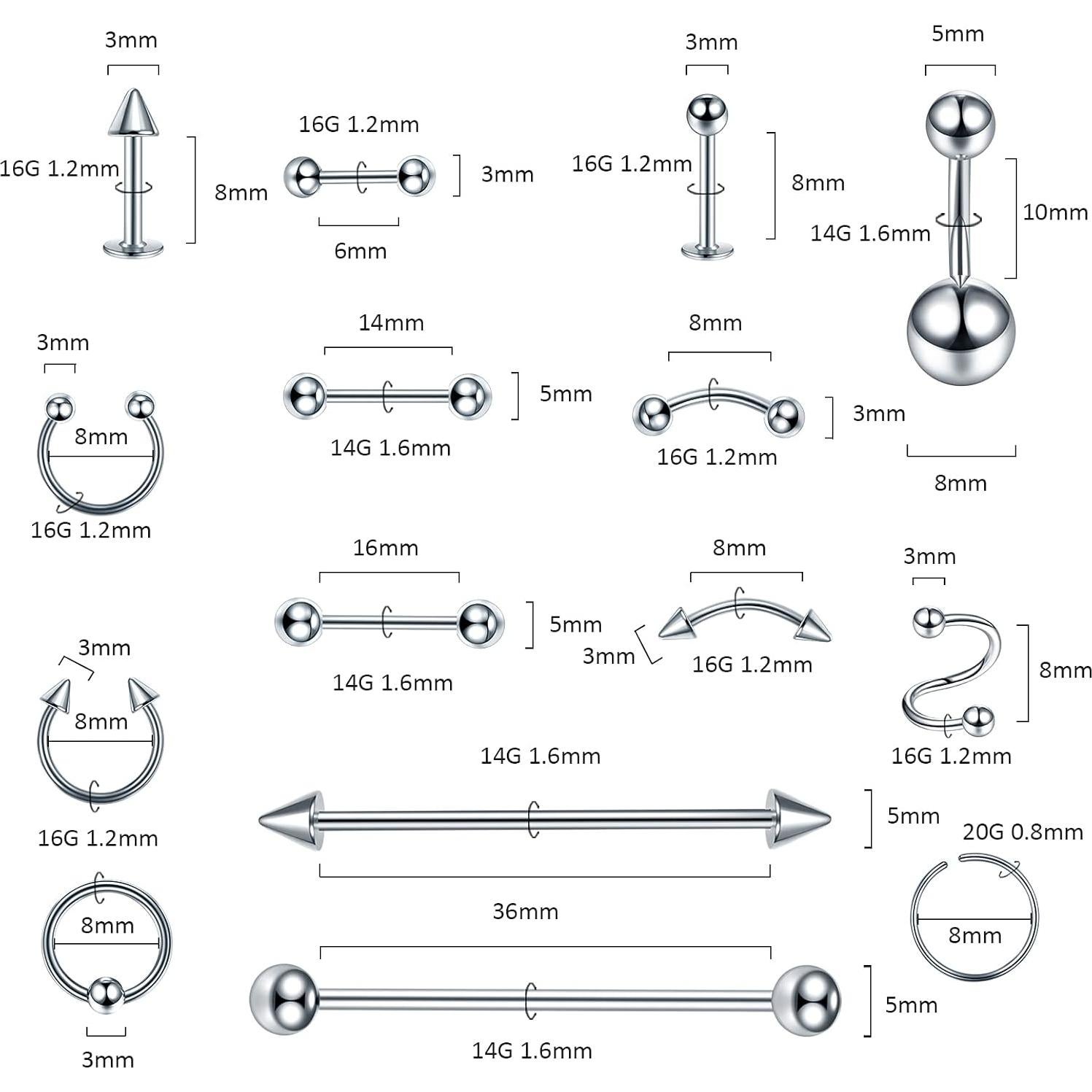 Kit de Joyería para Piercing Corporal 150PCS Acero Inoxidable