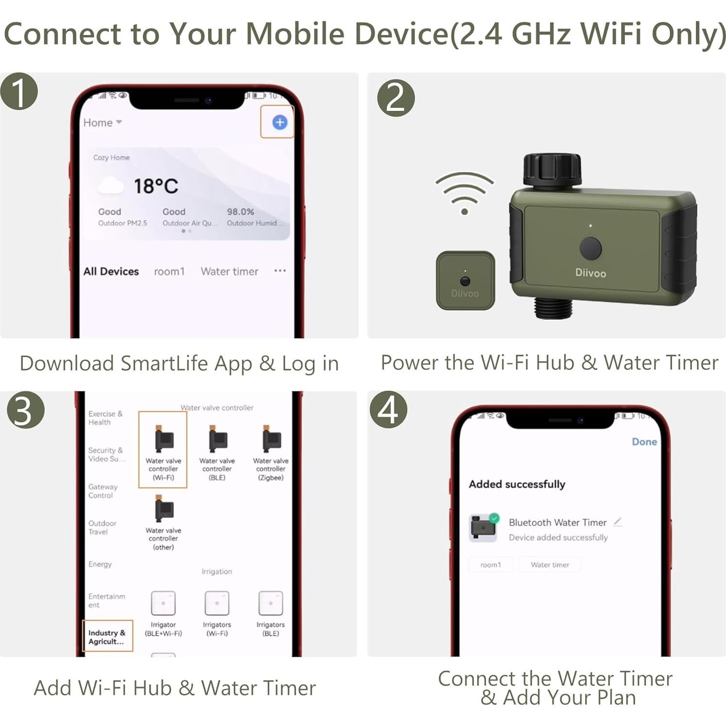 Temporizador de Agua WiFi Diivoo para Jardín, 1 Salida