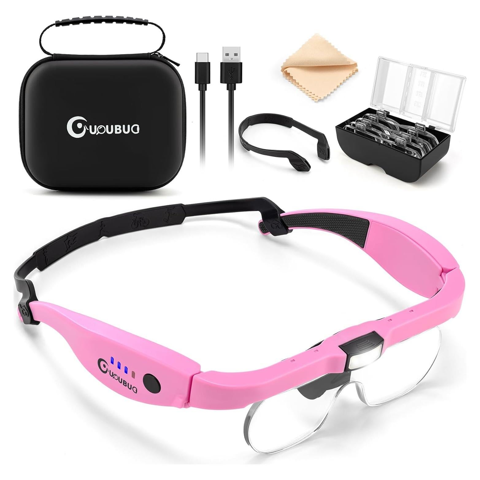 Lupa de Cabeza con Luz LED GUOUBUO 1.5X-5X Rosada