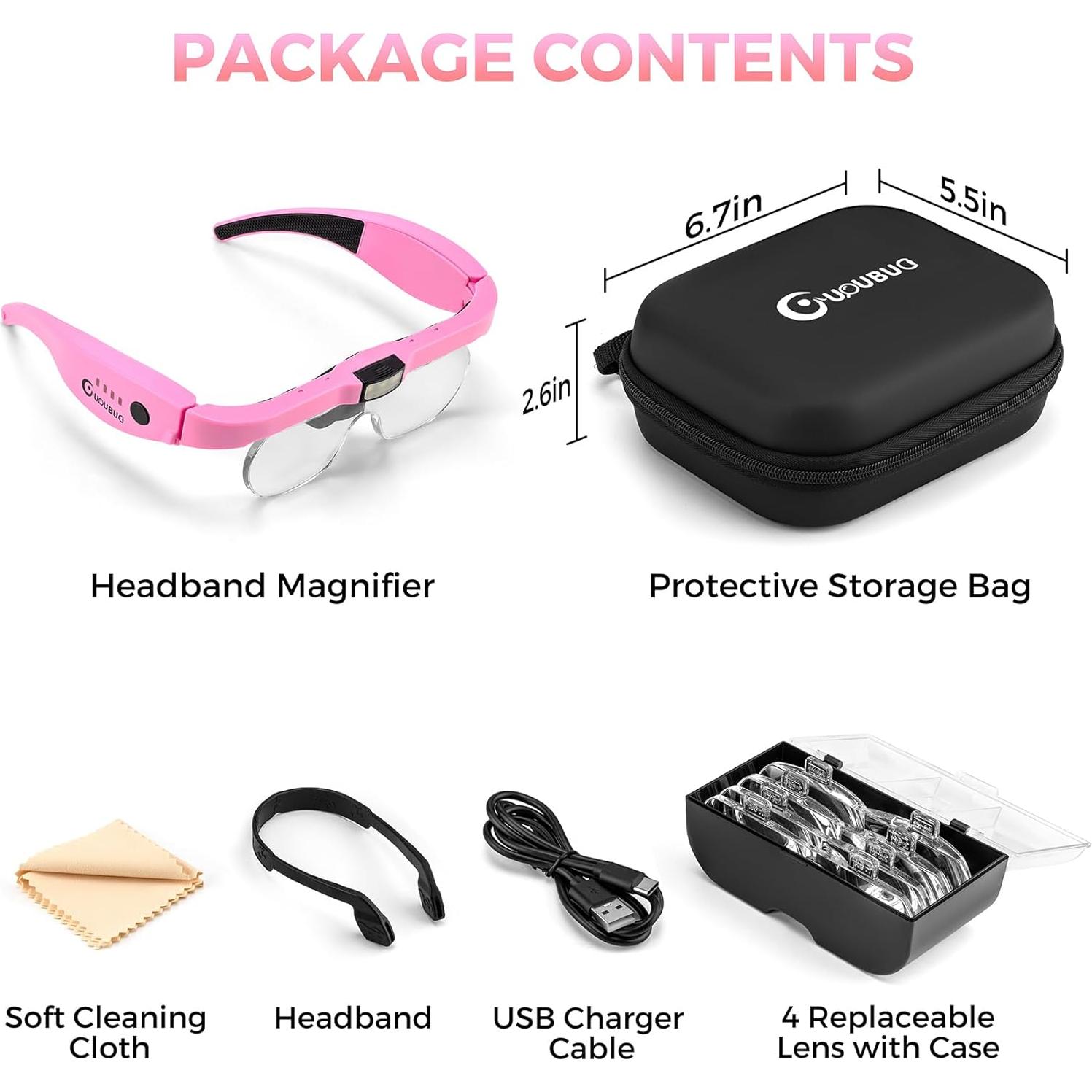 Lupa de Cabeza con Luz LED GUOUBUO 1.5X-5X Rosada